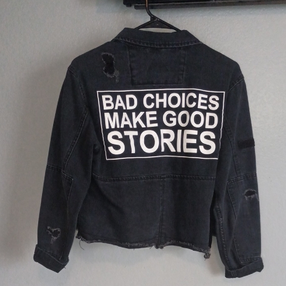 Black Denim Jacket with Bold Statement - Picture 1 of 4